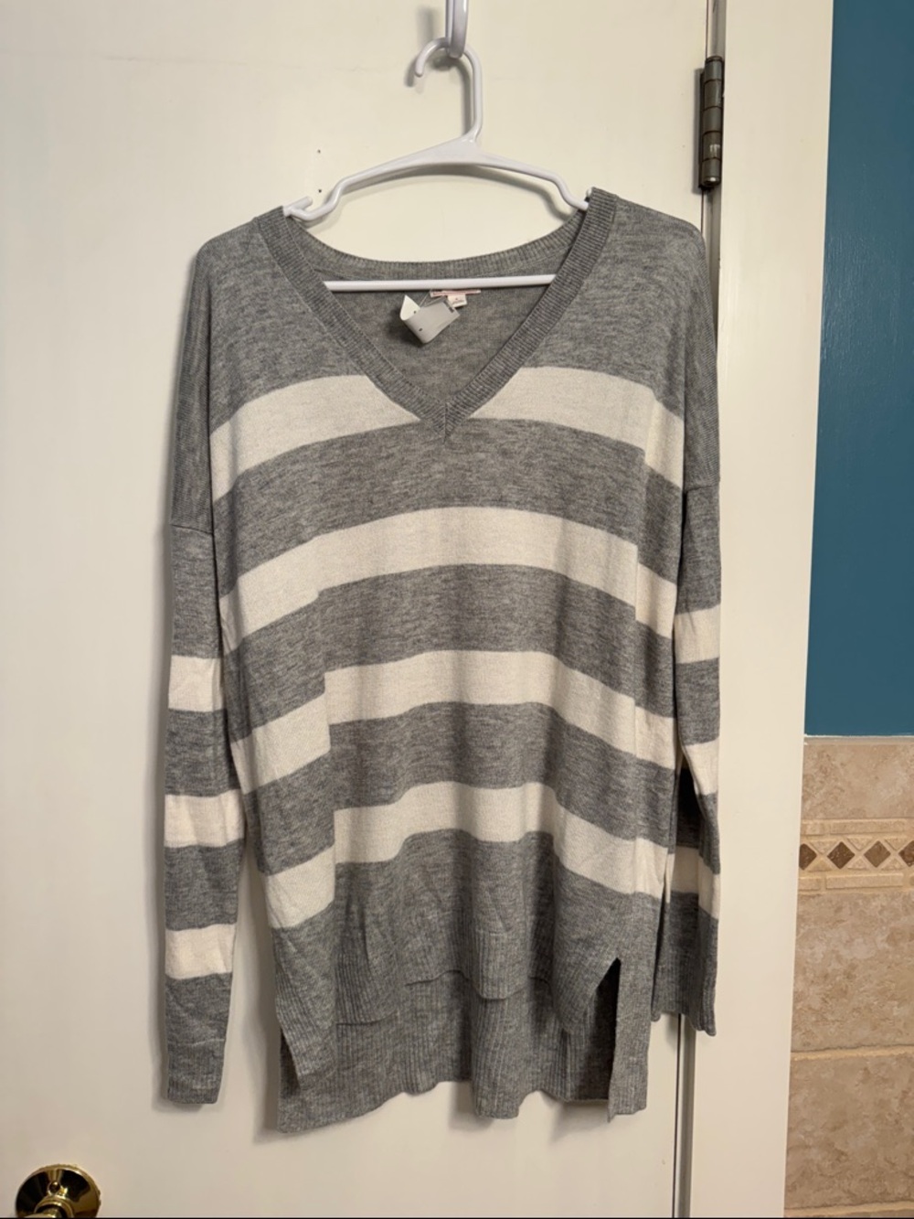 Gray and White GAP Striped V-Neck Sweater NWT